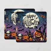 ハロウィンの夜のカボチャ、ドクロ、ホーンテッドハウス 招待状 (正面/裏面)