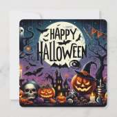 ハロウィンの夜のカボチャ、ドクロ、ホーンテッドハウス 招待状 (裏面)