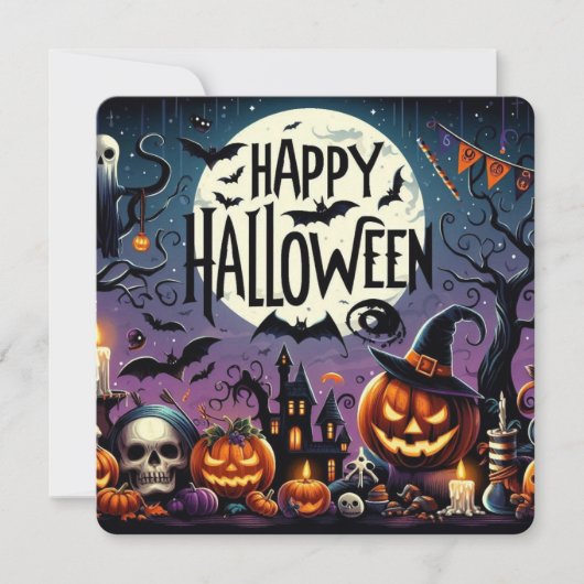 ハロウィンの夜のカボチャ、ドクロ、ホーンテッドハウス 招待状 (正面)