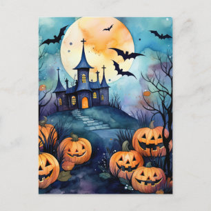 ハロウィンの夜のジャック・オ・ランタンとコウモリのポストカード シーズンポストカード