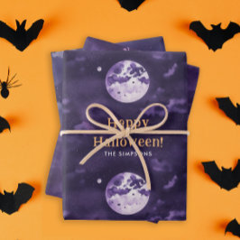 ハロウィンの夜のムーンウォーターカラーパープル ラッピングペーパーシート