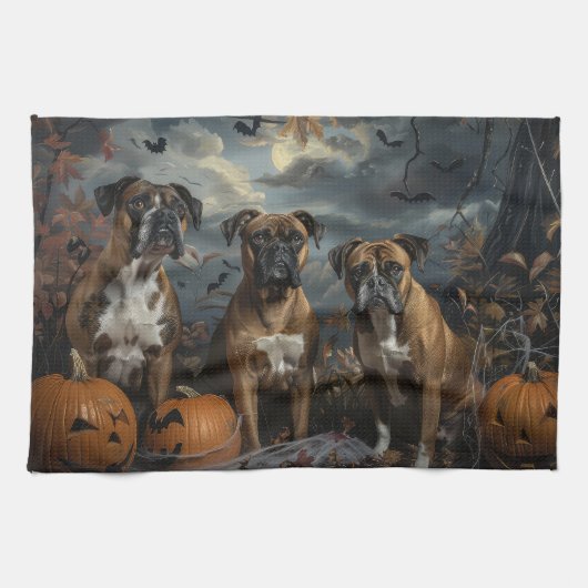 ハロウィンの夜の犬の喜び キッチンタオル (横)