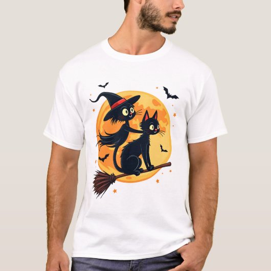 ハロウィンの夜の箒に乗った魔女猫 ベクター Tシャツ (正面)