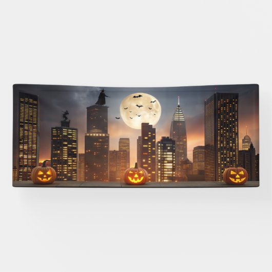 ハロウィンの夜の都市景観とカボチャ 横断幕 (横)