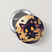 ハロウィンの夜の魔女黒猫 缶バッジ (正面&裏面)