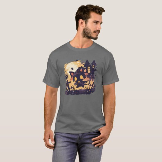 ハロウィンの夜の魔女黒猫 Tシャツ (正面フル)