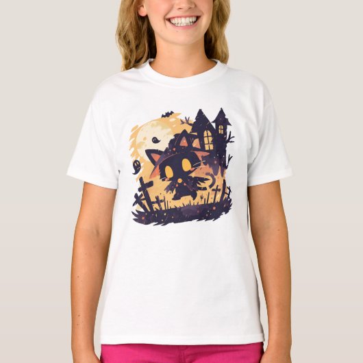 ハロウィンの夜の魔女黒猫 Tシャツ (正面)