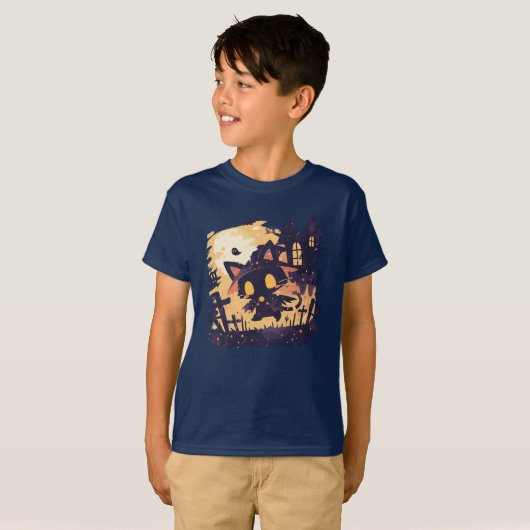 ハロウィンの夜の魔女黒猫 Tシャツ (正面フル)