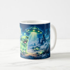 ハロウィンの夜空に浮かぶ宇宙船とエイリアンパグ コーヒーマグカップ