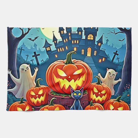 ハロウィンの夜:スリリングな楽しいアート キッチンタオル (横)