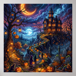 ハロウィンの夜、パンプキンの道の不気味なお化け屋敷 ポスター