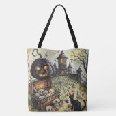 ハロウィンの夜:怖い黒いカボチャの番人たち トートバッグ (裏面)