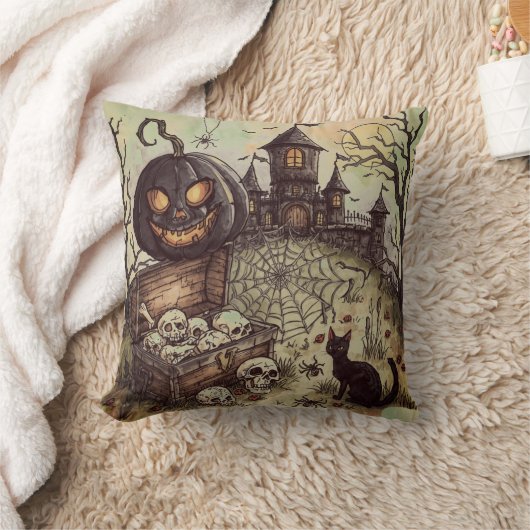 ハロウィンの夜：怖い黒いカボチャの番人 クッション (ブランケット)