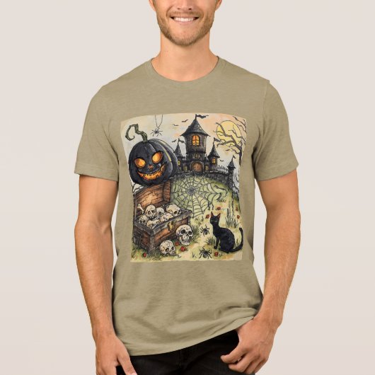 ハロウィンの夜:怖い黒いカボチャの番人 トライブレンドTシャツ (正面)