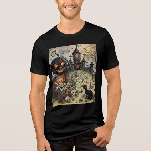 ハロウィンの夜:怖い黒いカボチャの番人 トライブレンドTシャツ (正面)