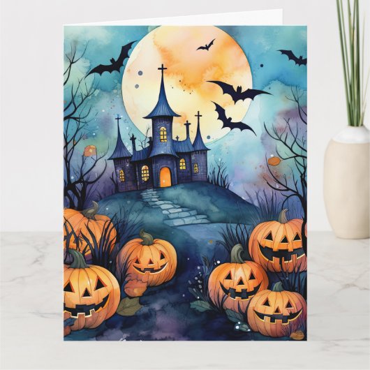 ハロウィンの夜 満月 ジャック・オ・ランタン コウモリ カード (正面)
