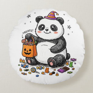 ハロウィンの太ったパンダ キャンディお腹 魔法使い帽子 ラウンドクッション
