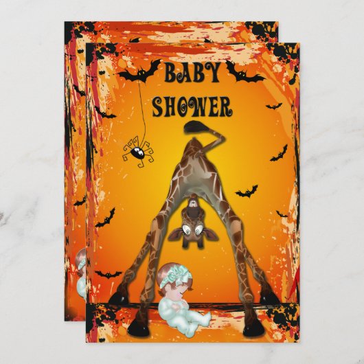 ハロウィンの女の子のベビーシャワーのおもしろいなキリン 招待状 (正面/裏面)