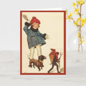 ハロウィンの女の子及びダックスフントの追跡の悪魔 カード (黄色い花)