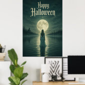 ハロウィンの妖しいゴシック 月夜のシルエット ポスター (ホームオフィス)