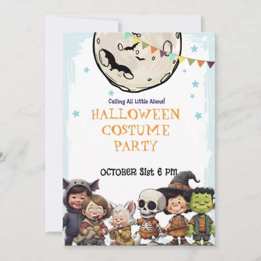 ハロウィンの子供用仮装パーティー - 学校や家族向け 招待状 (正面)