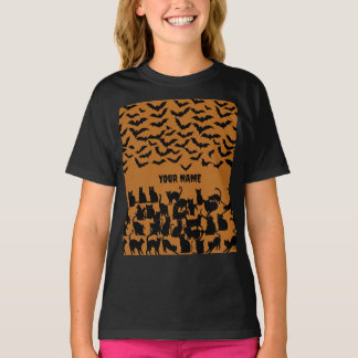 ハロウィンの子供用 黒猫とコウモリのデザイン Tシャツ