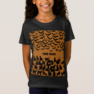 ハロウィンの子供用 黒猫とコウモリの模様 Tシャツ
