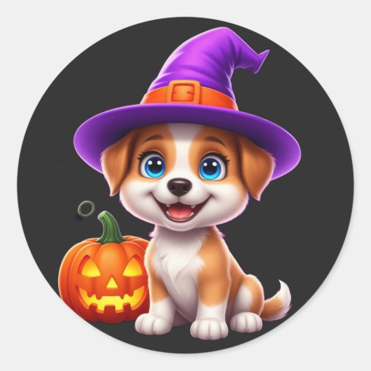 ハロウィンの子犬とジャック・オ・ランタン 🐶 ラウンドシール (正面)