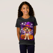 ハロウィンの子犬の魔女帽子とカボチャ 🎃 Tシャツ (正面フル)