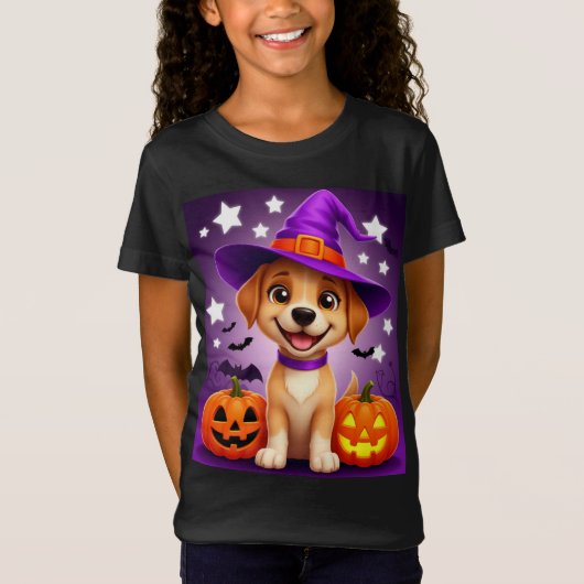 ハロウィンの子犬の魔女帽子とカボチャ 🎃 Tシャツ (正面)