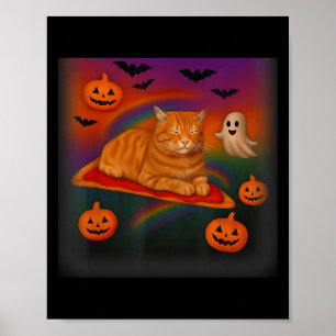 ハロウィンの宇宙に浮かぶピザに乗った猫 ギャラクシー ポスター