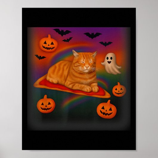 ハロウィンの宇宙に浮かぶピザに乗った猫 ギャラクシー ポスター (正面)