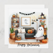 ハロウィンの家の可愛い幽霊 シーズンカード (正面/裏面)