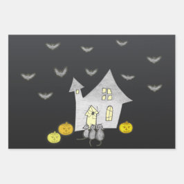 ハロウィンの家, 黒猫, こうもり, かぼちゃ ラッピングペーパーシート