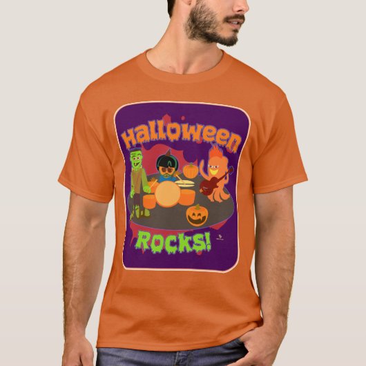 ハロウィンの岩のト不気味リックまたは治療キャラクター Tシャツ (正面)