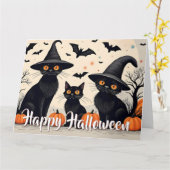 ハロウィンの帽子をかぶった三匹の黒猫 カード (黄色い花)