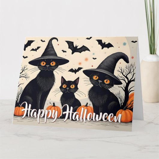 ハロウィンの帽子をかぶった三匹の黒猫 カード (正面)