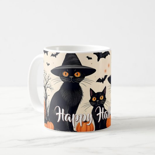 ハロウィンの帽子をかぶった三匹の黒猫 コーヒーマグカップ (正面左)