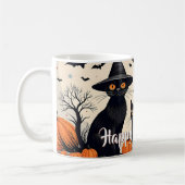 ハロウィンの帽子をかぶった三匹の黒猫 コーヒーマグカップ (左)