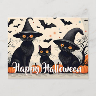 ハロウィンの帽子をかぶった三匹の黒猫 シーズンポストカード