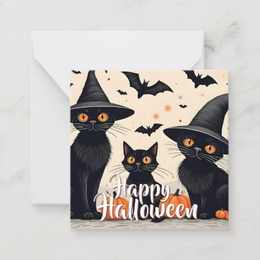 ハロウィンの帽子をかぶった三匹の黒猫 ノートカード (正面)
