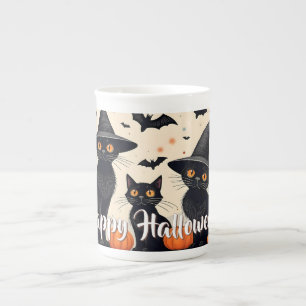 ハロウィンの帽子をかぶった三匹の黒猫 ボーンチャイナマグカップ