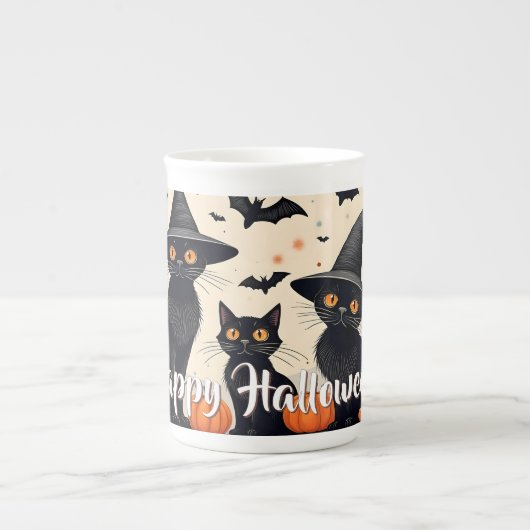 ハロウィンの帽子をかぶった三匹の黒猫 ボーンチャイナマグカップ (正面)
