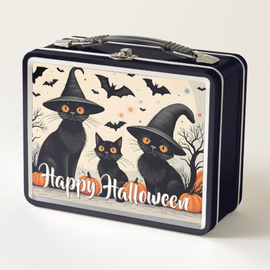 ハロウィンの帽子をかぶった三匹の黒猫 メタルランチボックス (正面)
