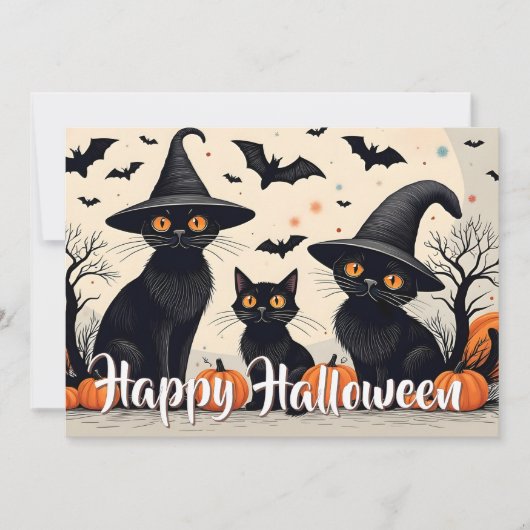 ハロウィンの帽子をかぶった3匹の黒猫 (正面)