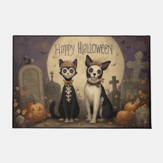 ハロウィンの幸せなスケルトンの猫と墓場の犬 ドアマット (正面)