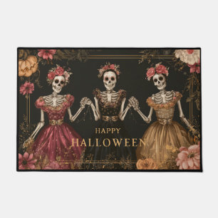 ハロウィンの幸せなスケルトンダンサーと花 ドアマット