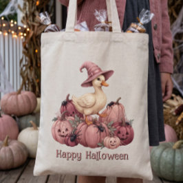 ハロウィンの幸せなピンク魔女のアヒルとピンクのかぼちゃ トートバッグ