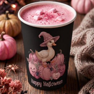 ハロウィンの幸せなピンク魔女のアヒルとピンクのかぼちゃ 紙コップ