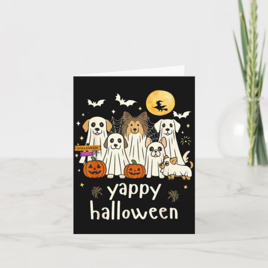 ハロウィンの幸せな楽しい犬の幽霊たち ハロウィン カード (正面)